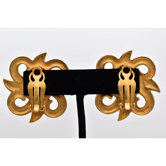 Karl Lagerfeld Vintage Chunky Clip On Pearl Earrings Brushed Gold Signed Bin1